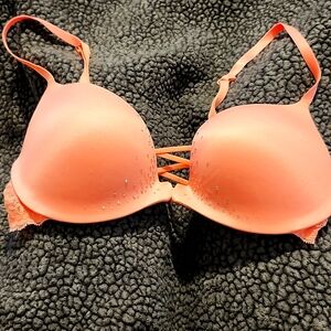 La SENZA Coral Pink Padded Lace Accent Bra with Rhinestones